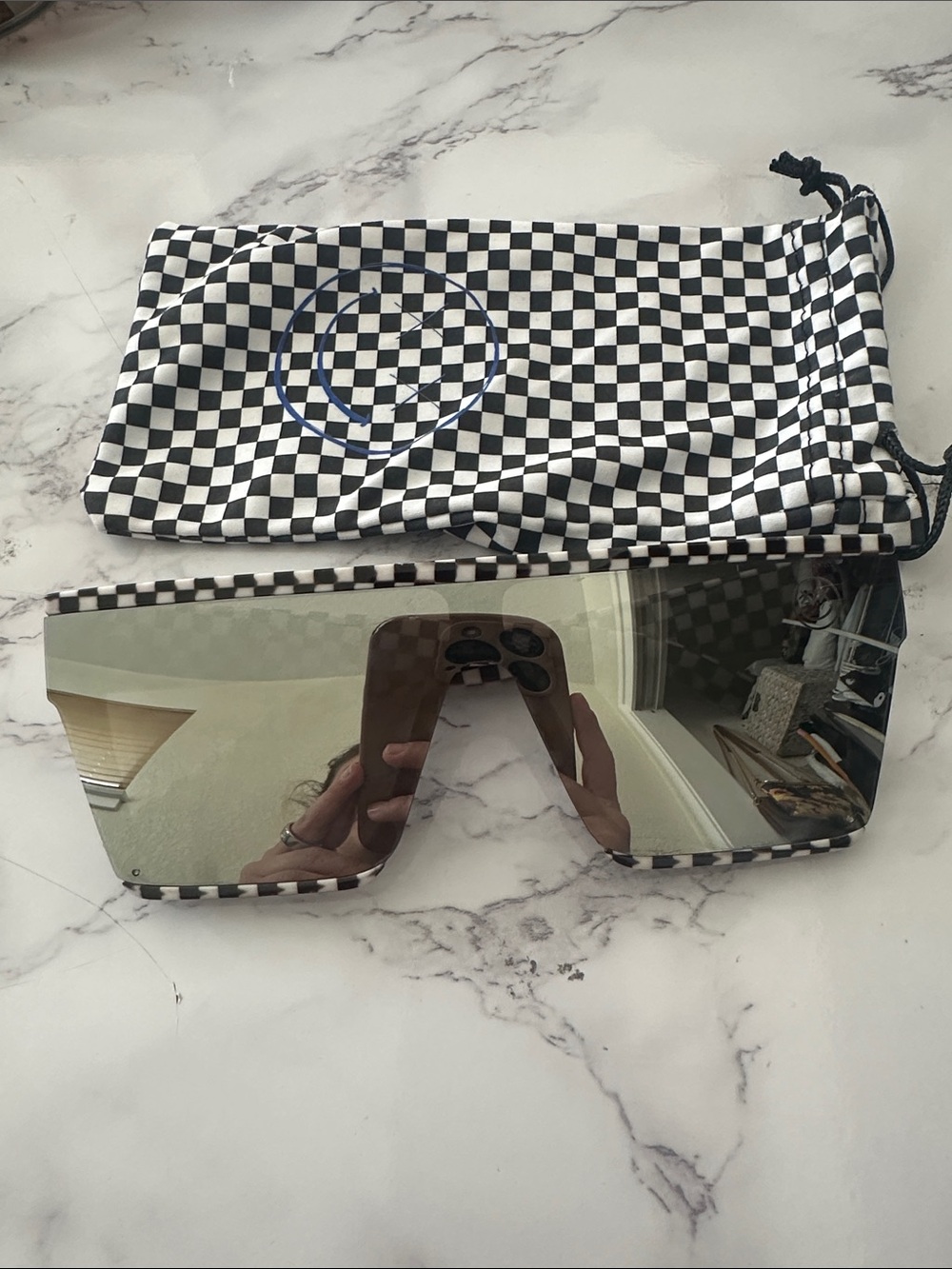 Checkerboard Shield Sunglasses with Drawstring Pouch